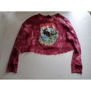 Forever 21 Alaska Moose Graphic Tie Dye Cropped Thermal Top Pink Medium